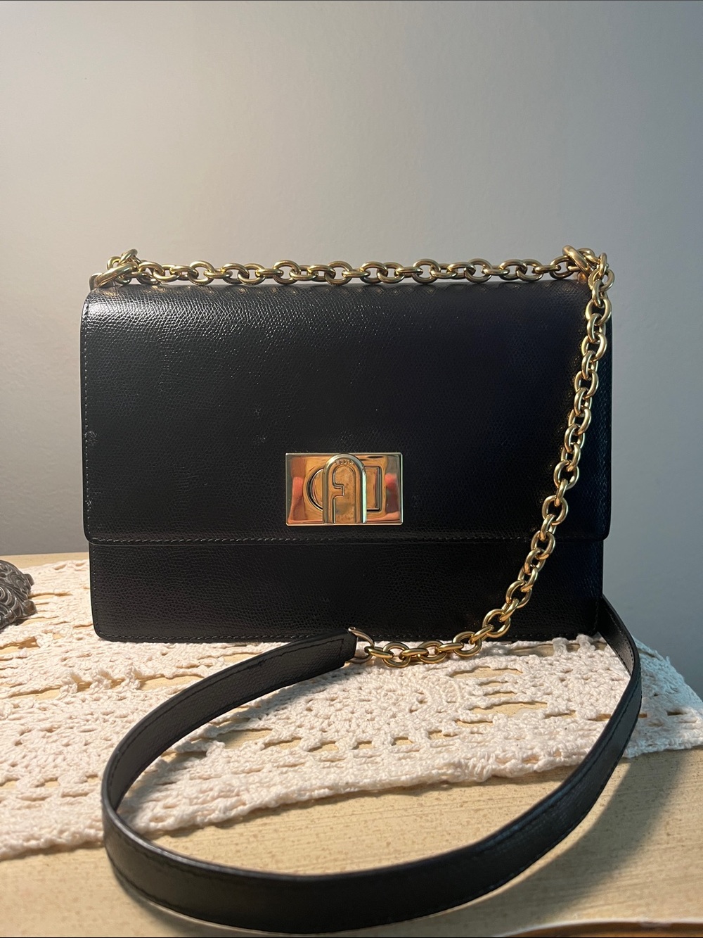 Furla Black Leather Shoulder and Crossbody Bag with Gold Chain and hardware